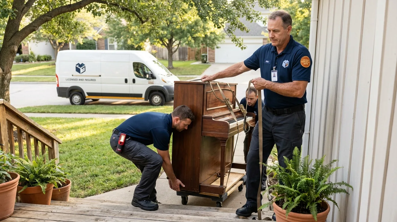 Licensed piano movers securing grand piano in Plymouth, MA