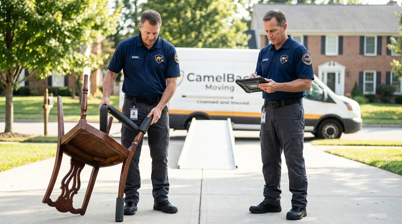 Movers inspecting furniture for damage prevention before loading in Plymouth, MA