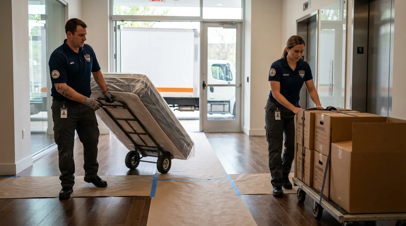 Professional apartment movers loading elevator in Plymouth, MA