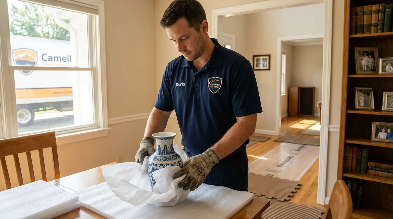 Professional crew carefully wrapping antique vase for senior downsizing move in Plymouth, MA