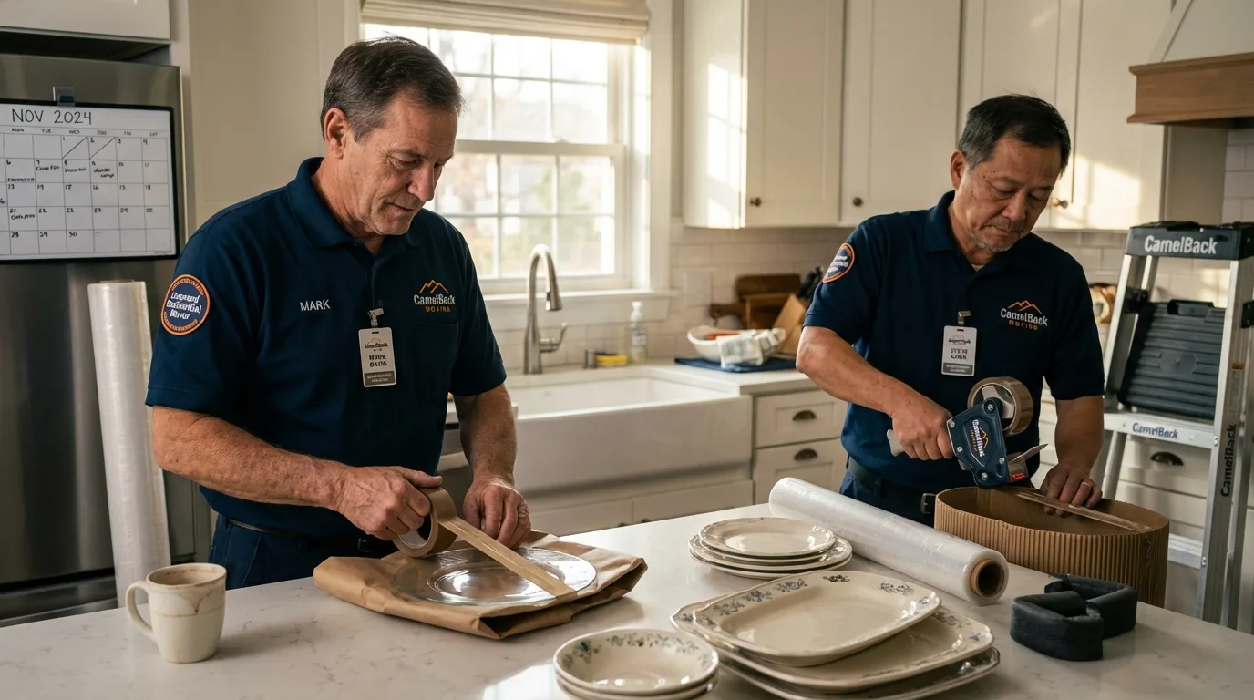 Professional crew packing kitchen dishware in Plymouth, MA